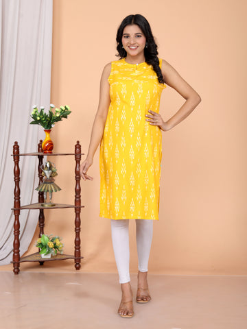 Women Yellow Printed Rayon Sleeveless Round Neck Calf Length Rayon Cotton Straight Single Kurta