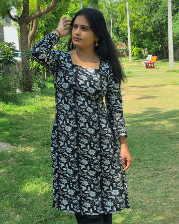 Bibhatsu Women's Black Floral Printed Straight Kurti | Square Neck | Full Sleeve Ethnic Wear | Cotton Kurti