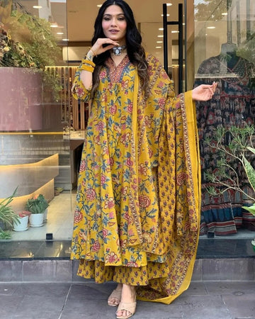 Sunshine and Blossoms Ethnic Redefined Anarkali Printed Kurta, Palazzo & Dupatta Set