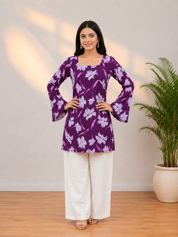 Bibhatsu Apparels Women's Purple Floral Printed StraightCotton Kurti | Square Neck | Bell Sleeves