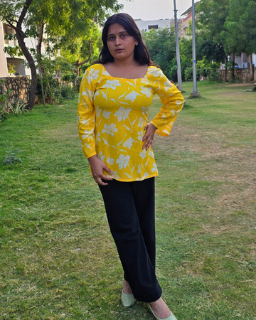 Bibhatsu Women's Mustard Yellow Floral Printed Top | Square Neck | Bell Sleeve Casual Wear | Cotton Kurti