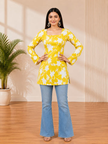 Bibhatsu Women's Yellow Floral Printed Square Neck |  Cotton Kurti