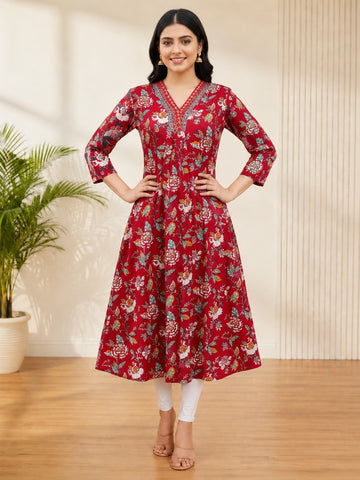 Bibhatsu Apparels Women's Red Floral Printed Anarkali  Cotton Kurti | V-Neck | Flared Fit