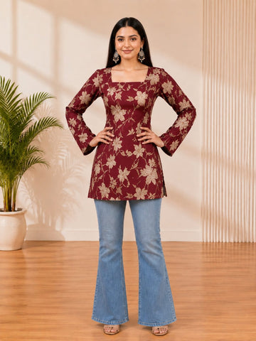 Bibhatsu Apparels Women's Maroon Floral Printed Straight Kurti | Square Neck | Casual & Office Wear | cotton kurti