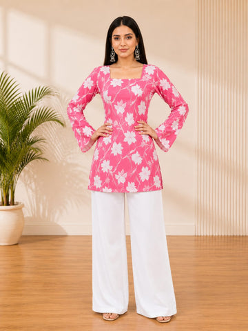 Bibhatsu Apparels Women's Pink Floral Printed Square Neck Kurti | Full Sleeves | Regular Fit |cotton Kurti