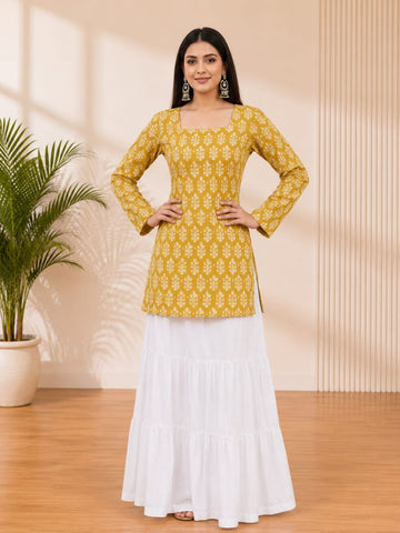 Bibhatsu Women's Mustard Yellow Floral Printed Straight| Cotton Kurti