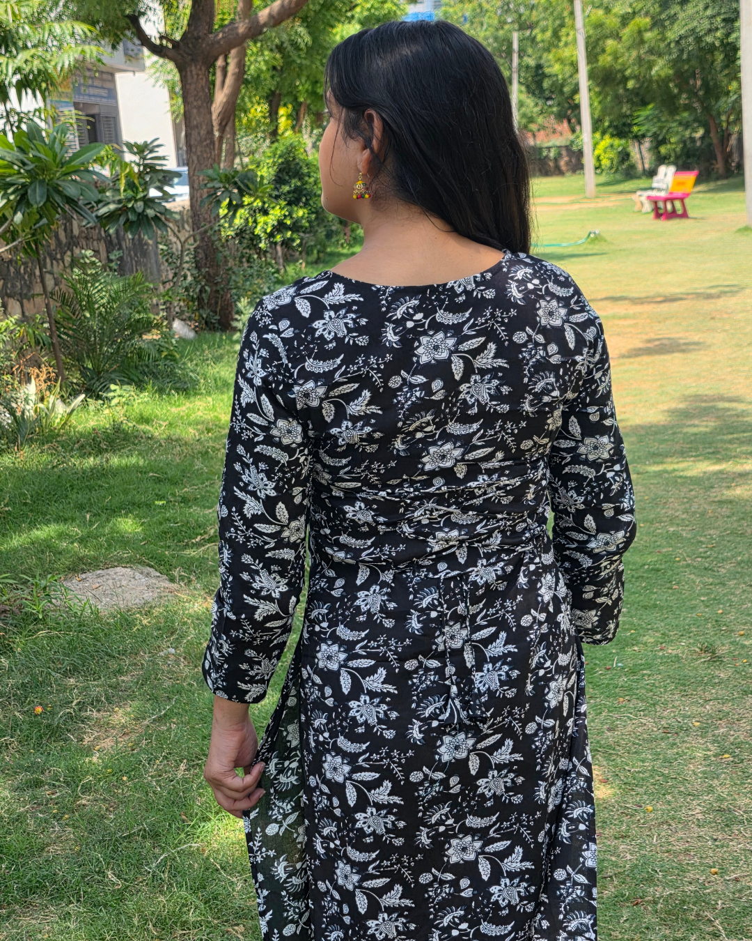 Bibhatsu Women's Black Floral Printed Straight Kurti | Square Neck | Full Sleeve Ethnic Wear | Cotton Kurti