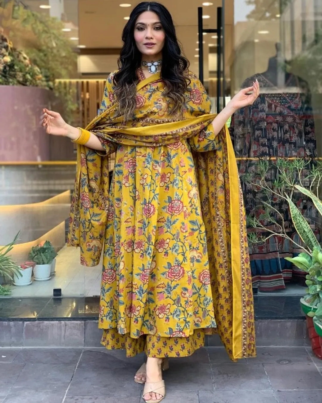 Sunshine and Blossoms Ethnic Redefined Anarkali Printed Kurta, Palazzo & Dupatta Set