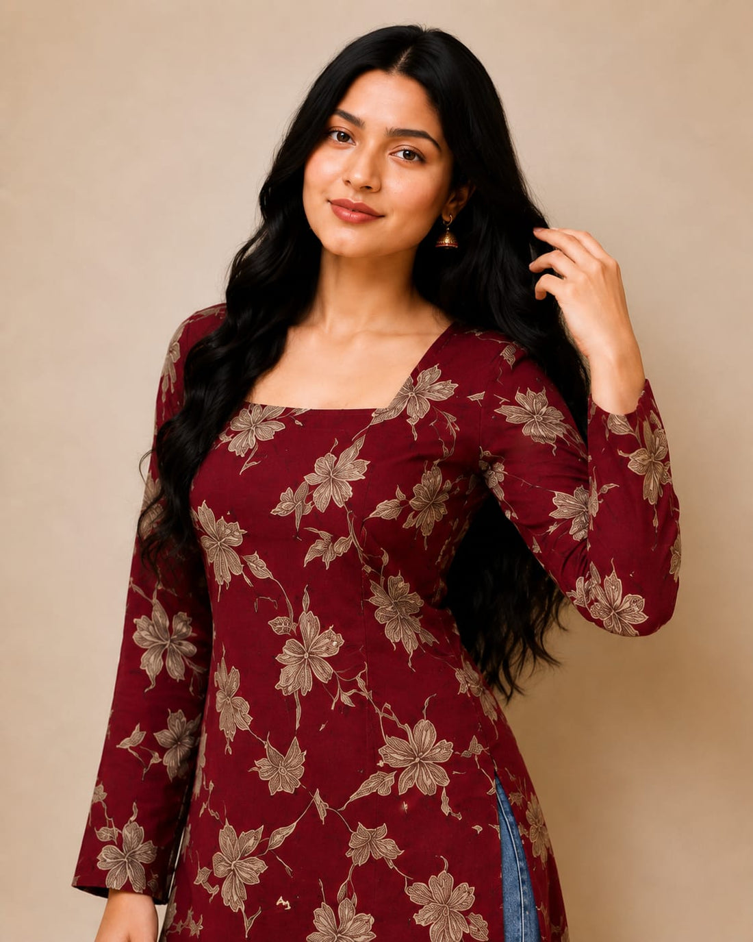 Bibhatsu Apparels Women's Maroon Floral Printed Straight Kurti | Square Neck | Casual & Office Wear | cotton kurti