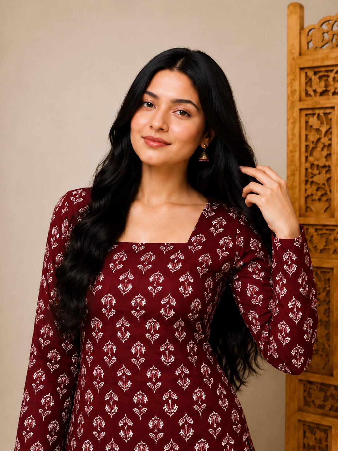 Bibhatsu Apparels Women's Maroon Printed Straight Kurti | Square Neck | Full Sleeves | Casual & Office Wear |Cotton Kurti