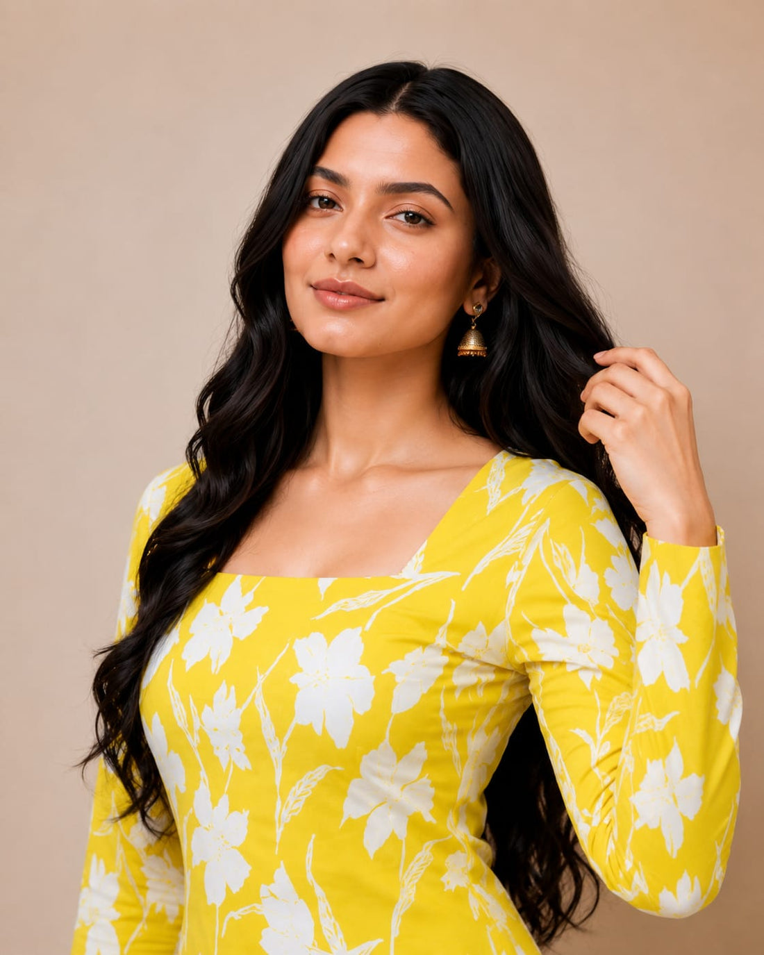 Bibhatsu Women's Yellow Floral Printed Square Neck |  Cotton Kurti