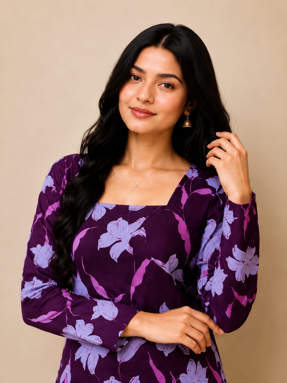 Bibhatsu Apparels Women's Purple Floral Printed StraightCotton Kurti | Square Neck | Bell Sleeves