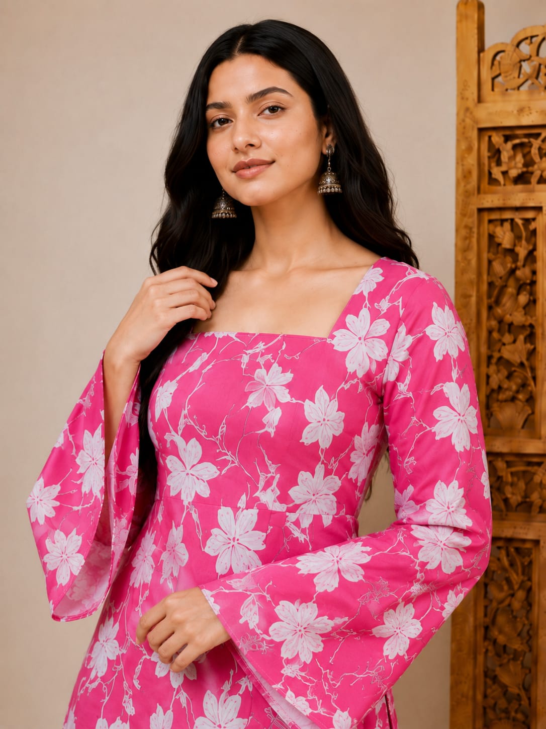 Bibhatsu Apparels Women's Pink Floral Printed Square Neck Kurti | Full Sleeves | Regular Fit |cotton Kurti