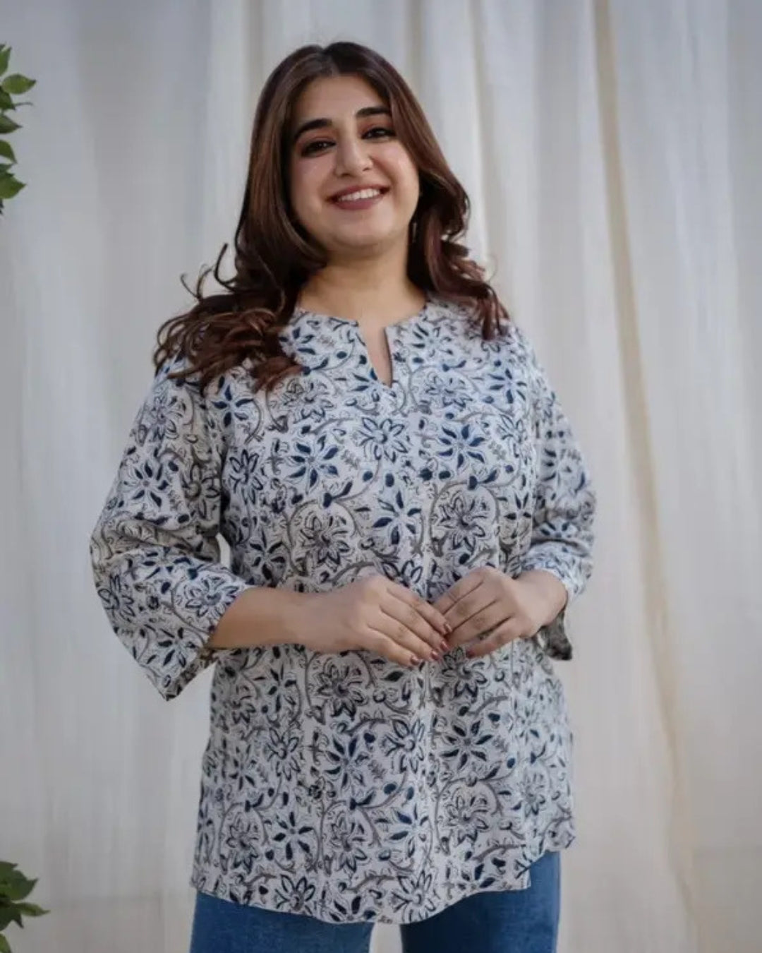 White Floral Printed Cotton Short Kurti