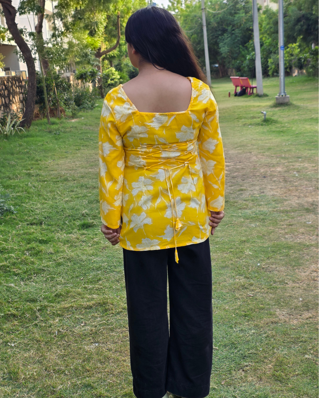 Bibhatsu Women's Mustard Yellow Floral Printed Top | Square Neck | Bell Sleeve Casual Wear | Cotton Kurti