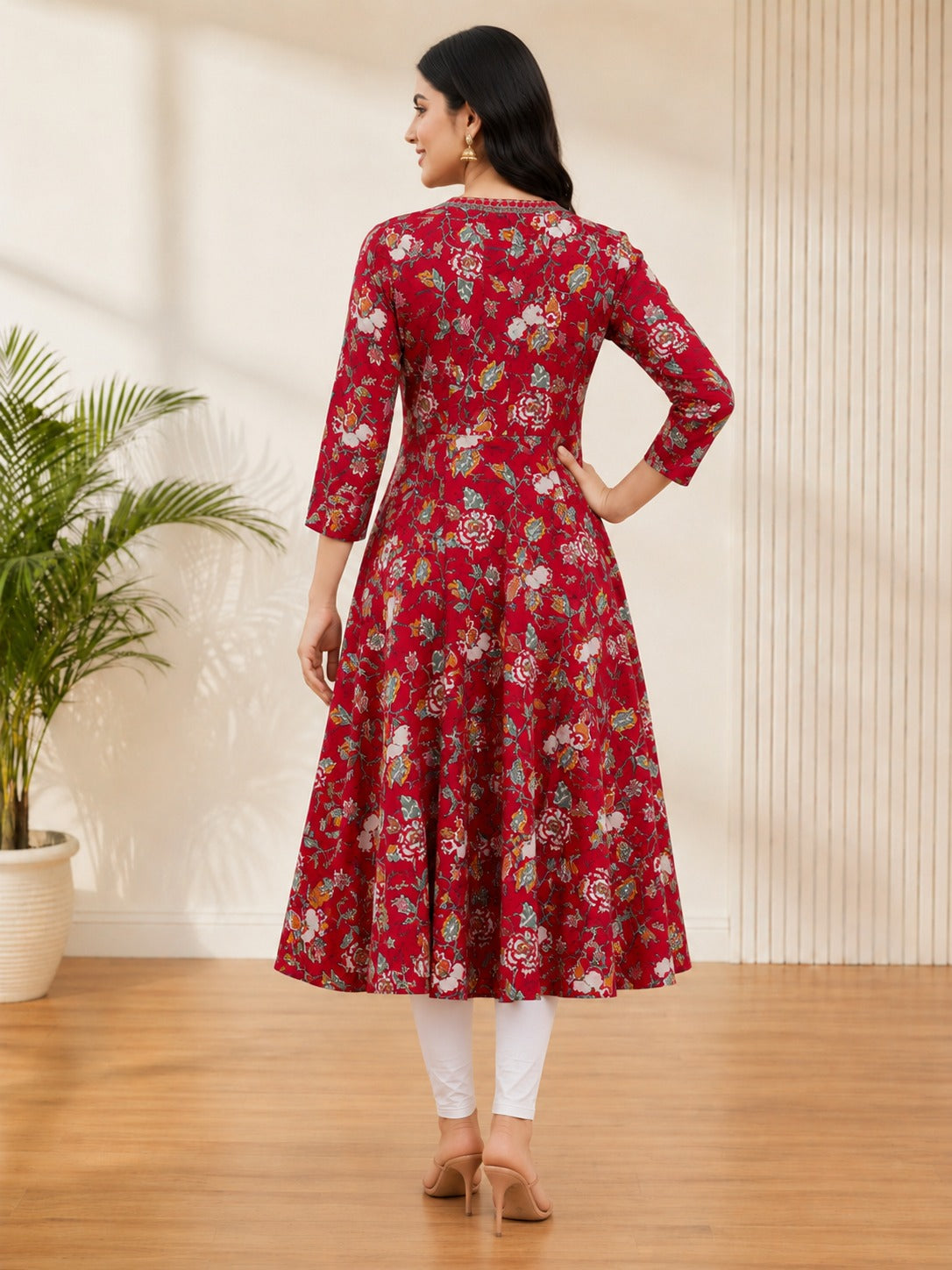 Bibhatsu Apparels Women's Red Floral Printed Anarkali  Cotton Kurti | V-Neck | Flared Fit