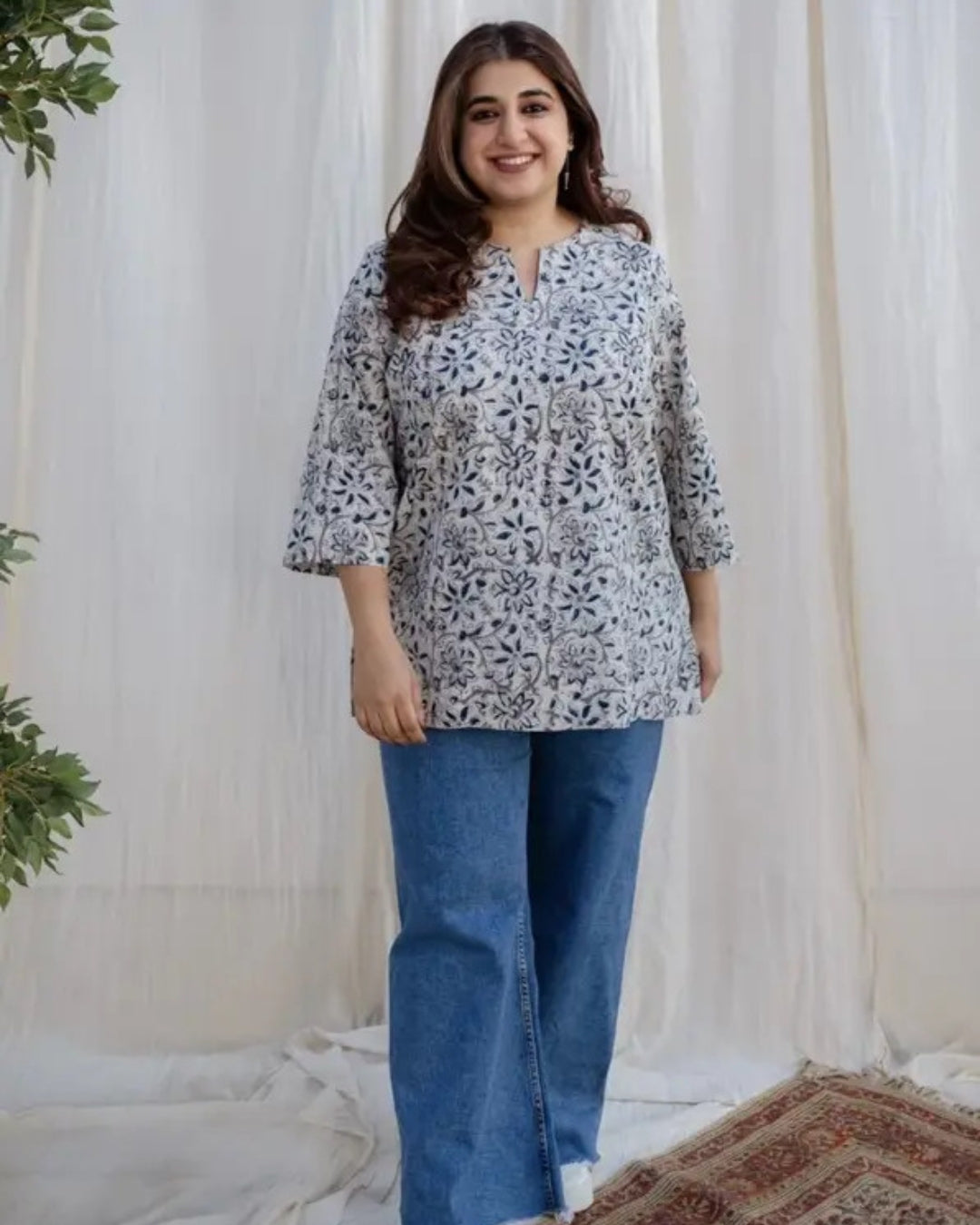 White Floral Printed Cotton Short Kurti