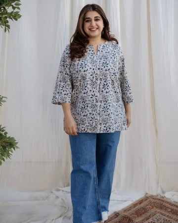 White Floral Printed Cotton Short Kurti