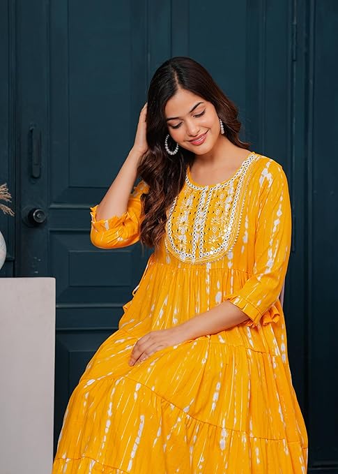Yellow Cotton Embroidered Anarkali Gown