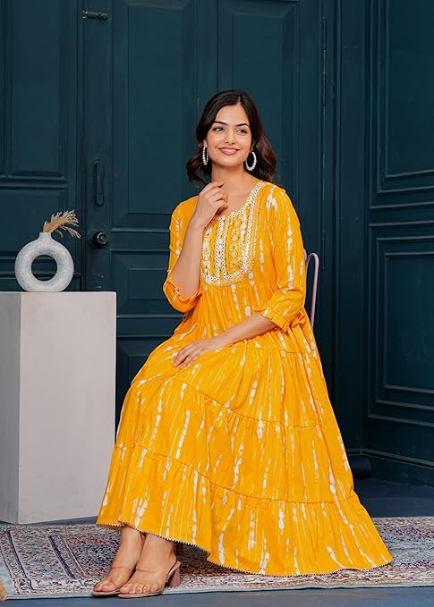 Yellow Cotton Embroidered Anarkali Gown