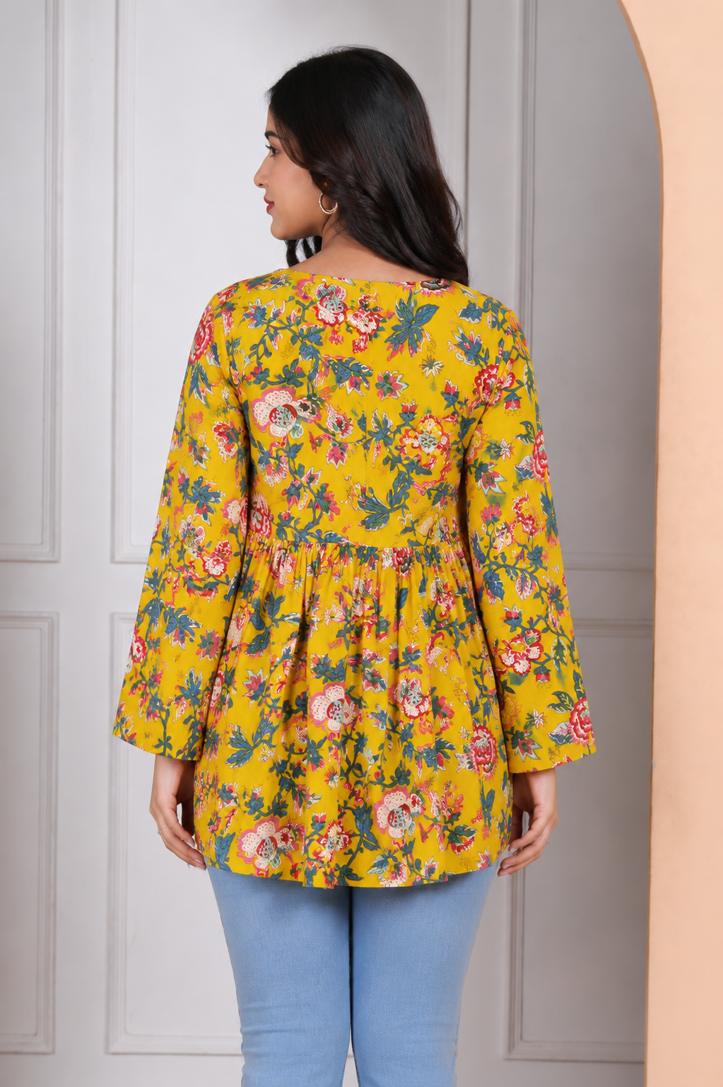 Yellow Flower Long Sleeve Top Cotton kurti