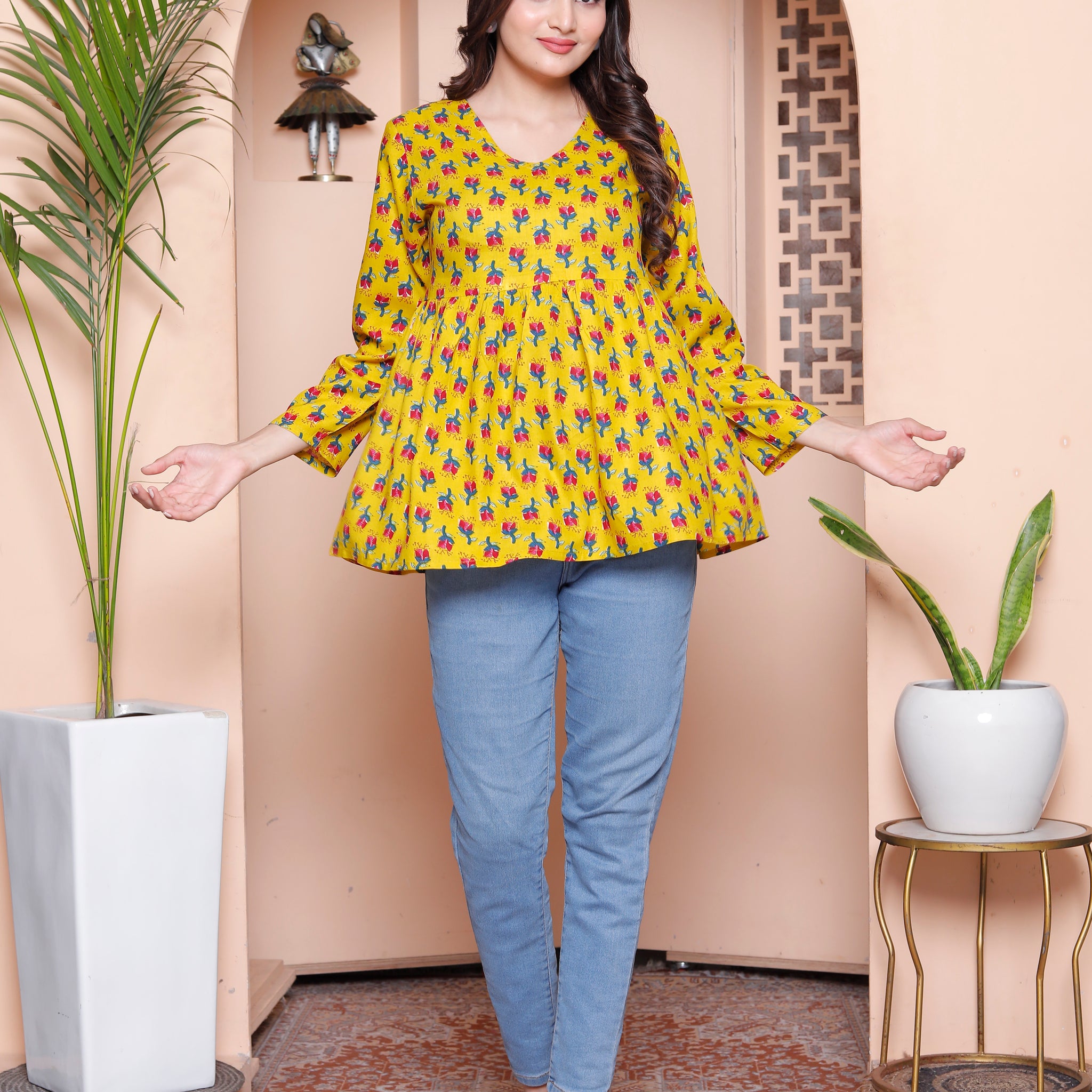 Yellow Printed Peplum Top for Women