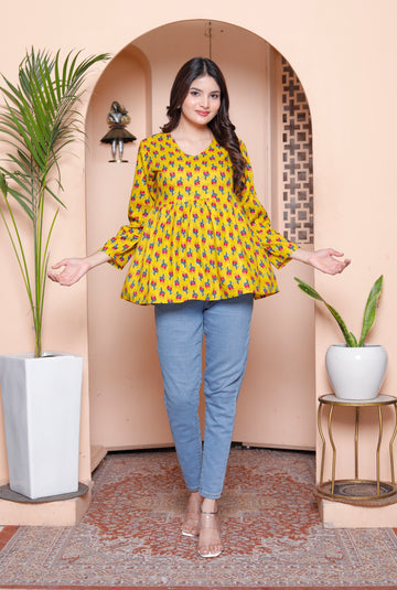 Yellow Printed Peplum Top for Women
