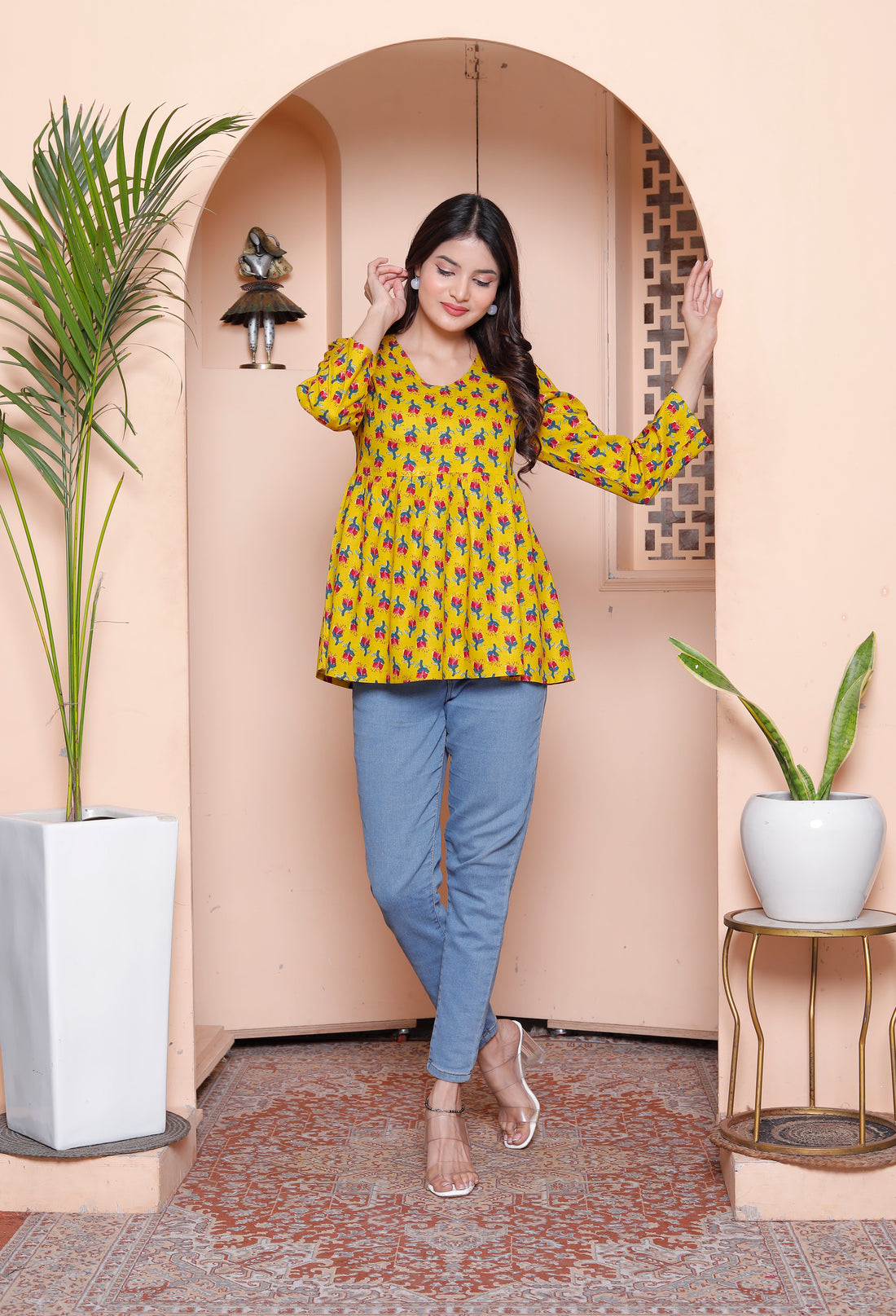 Yellow Printed Peplum Top for Women