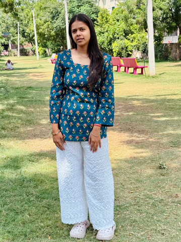 Bibhatsu Women's Teal Blue Floral Printed Kurti | Square Neck | Full Sleeve Casual Wear | Cotton Kurti