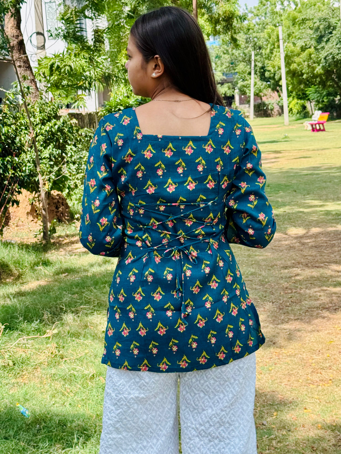 Bibhatsu Women's Teal Blue Floral Printed Kurti | Square Neck | Full Sleeve Casual Wear | Cotton Kurti
