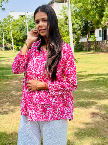 Bibhatsu Women's Pink Floral Printed Cotton Kurti Top