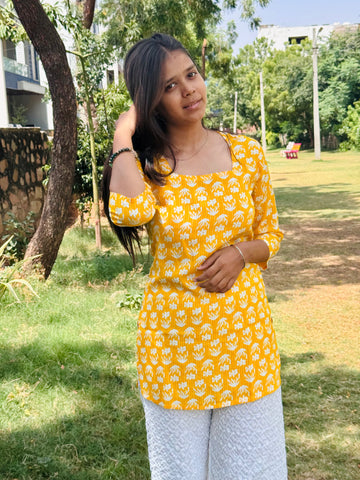 Bibhatsu Women's Mustard Yellow Printed Top | Round Neck | 3/4 Sleeve Casual Wear | Cotton Kurti