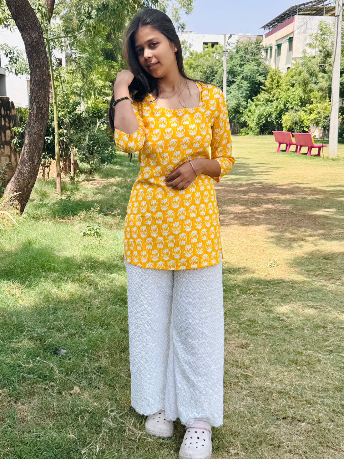 Bibhatsu Women's Mustard Yellow Printed Top | Round Neck | 3/4 Sleeve Casual Wear | Cotton Kurti