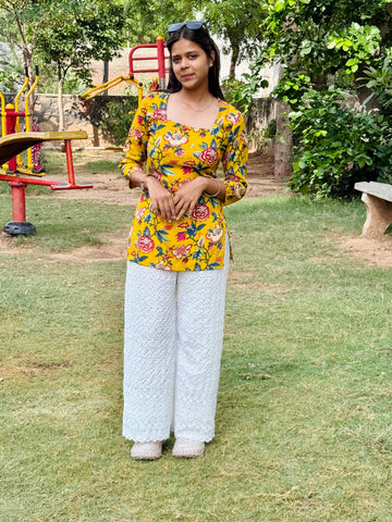 Bibhatsu Women's Mustard Yellow Floral Printed Top | V-Neck | 3/4 Sleeve Casual Wear | Cotton Kurti