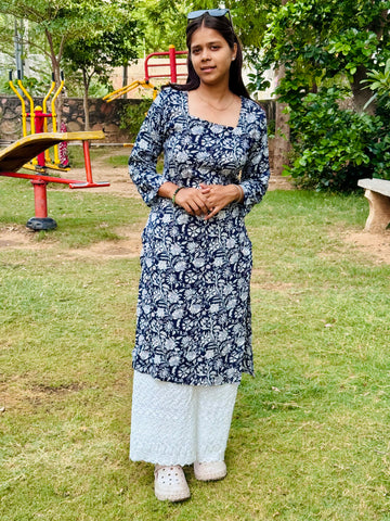 Bibhatsu Women's Floral Printed A-Line Kurti | Square Neck | 3/4 Sleeve Casual Ethnic Wear | Cotton Kurti