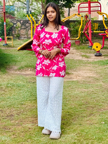 Bibhatsu Women's Magenta Floral Printed Top | Square Neck | Full Sleeve Casual Wear | Cotton Kurti