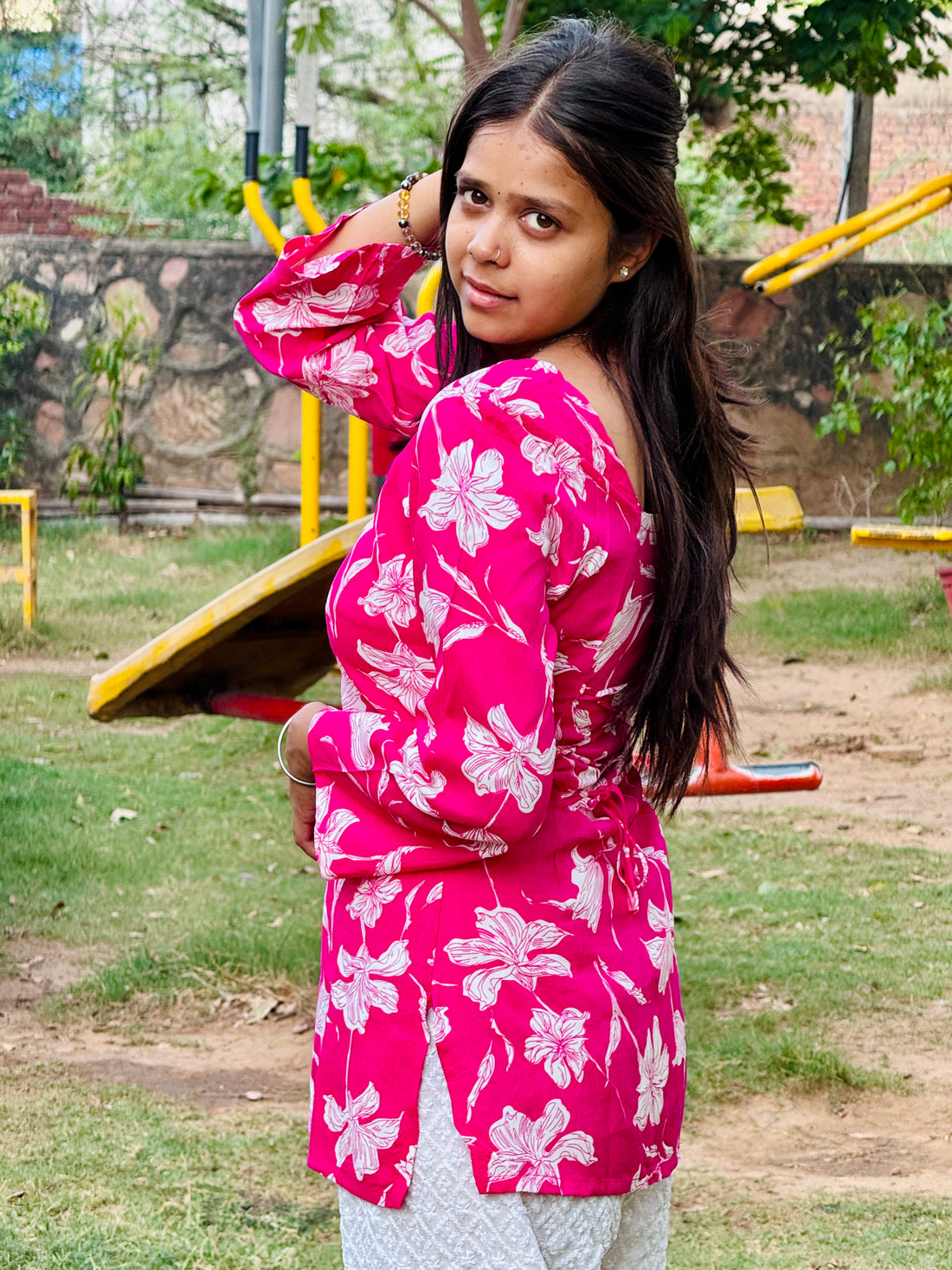 Bibhatsu Women's Magenta Floral Printed Top | Square Neck | Full Sleeve Casual Wear | Cotton Kurti