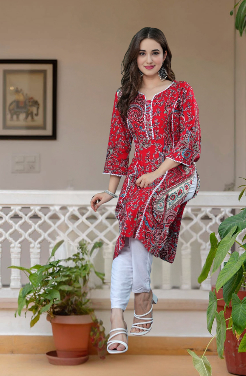 Stylish Women's Pink Rayon Kurti with Lace Work