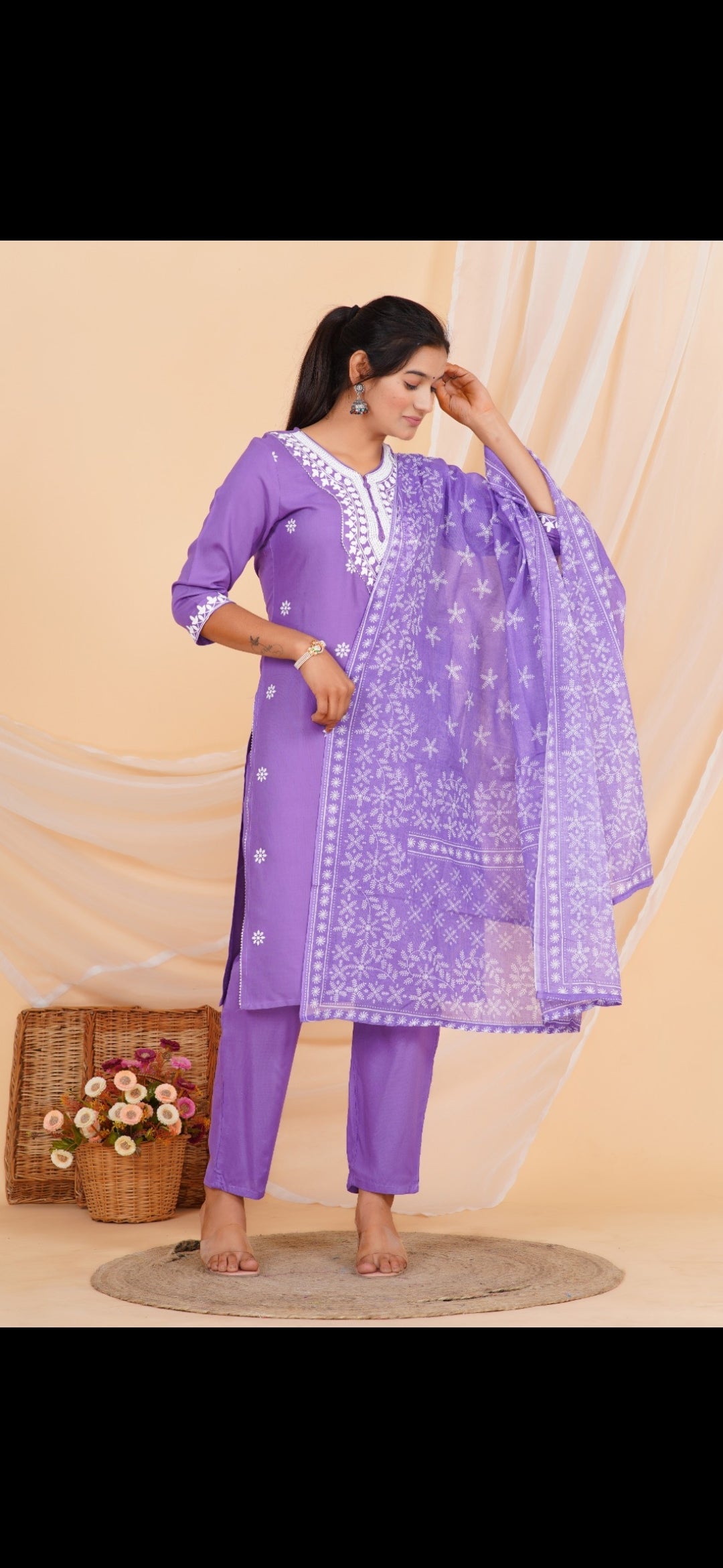 Purple Embroidered Rayon Kurta Set with Dupatta