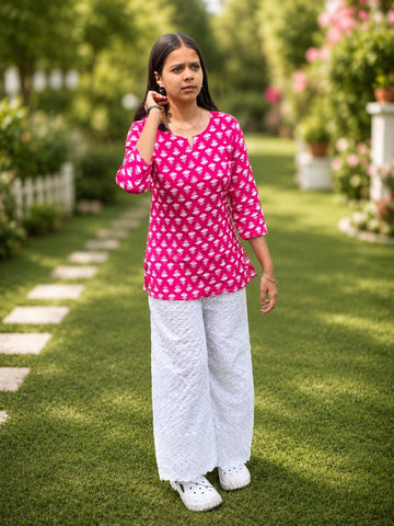Bibhatsu Women's Pink Printed Cotton Short Kurti | 3/4 Sleeve | Casual & Daily Wear