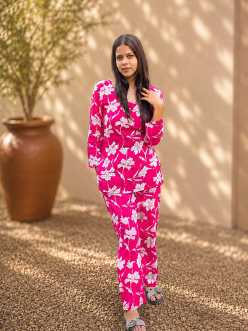 Bibhatsu Women's Pink Floral Printed Cotton Co-ord Set | Regular Fit | Casual & Office Wear