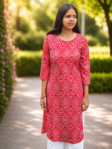 Bibhatsu Women's Red Bandhani Printed Cotton Straight Kurti | 3/4 Sleeve | Casual, Office & Daily Wear