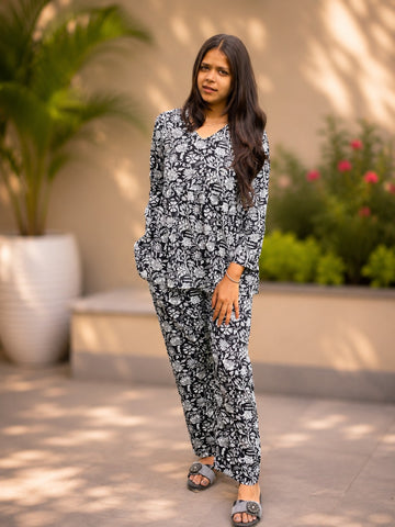 Bibhatsu Women's Black Floral Printed Cotton Co-ord Set | Regular Fit | Casual & Office Wear