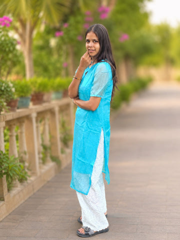 Bibhatsu Women's Sky Blue Organza Straight Kurti | Sheer Sleeves | Elegant Ethnic Wear