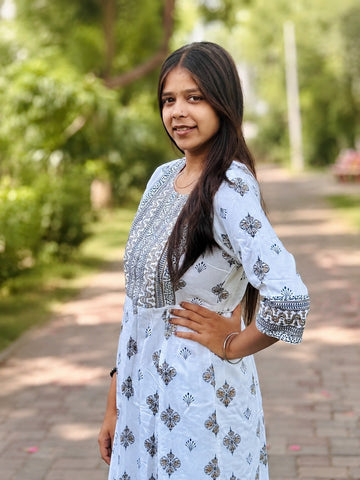 Bibhatsu Women's Sky Blue Printed Cotton Straight Kurti | 3/4 Sleeve | Casual & Office Wear