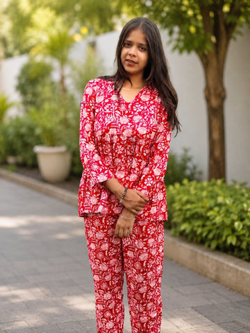 Bibhatsu Women's Red Floral Printed Cotton Co-ord Set | V-Neck | Regular Fit | Casual & Office Wear