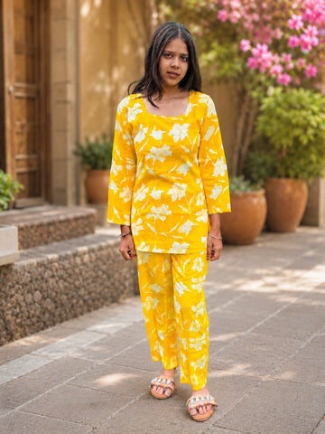 Bibhatsu Women's Mustard Yellow Floral Printed Cotton Co-ord Set | Square Neck | Regular Fit | Casual & Office Wear