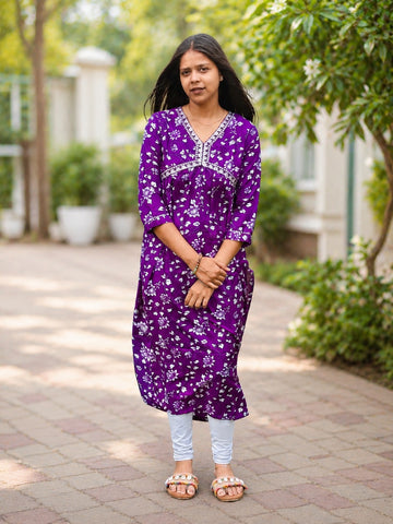 Bibhatsu Women's Purple Floral Printed Cotton Straight Kurti | V-Neck | 3/4 Sleeve | Casual & Office Wear