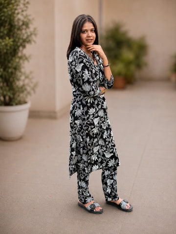 Bibhatsu Women's Black Lotus Printed Cotton Long Kurta Pant Set | V-Neck | 3/4 Sleeve | Casual & Office Wear