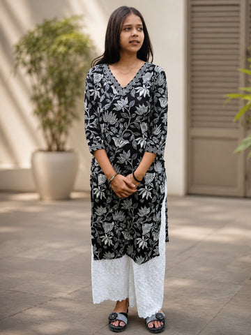 Bibhatsu Women's Black Lotus Printed Cotton Straight Kurti | V-Neck | 3/4 Sleeve | Casual & Office Wear